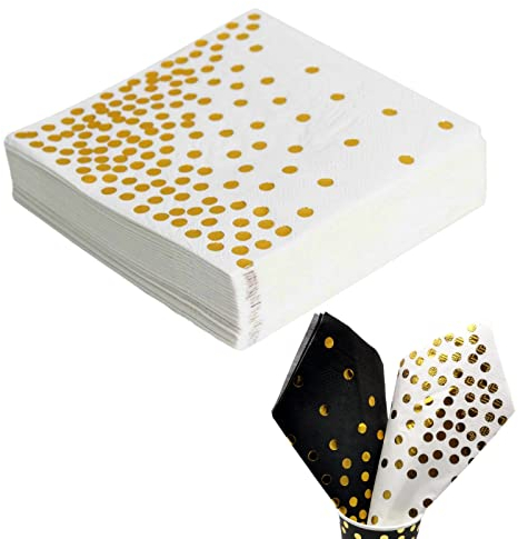 CEILIWEN 50PCS White & Gold Polka Dot Party Napkins, 33x33CM White with Gold Cocktail & Dinner Serviettes