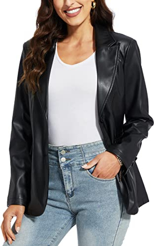 Fahsyee Lederjacke Damen Kunstleder Blazer Biker Schwarz Coat XL