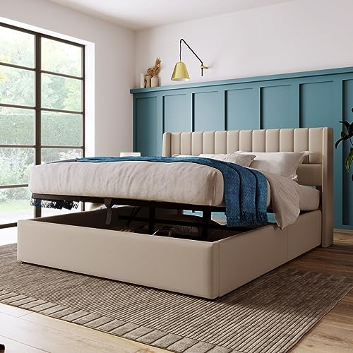 Sweiko Polsterbett180x200cm, Leinen Hydraulisch Bett Mit seinem vertikalen Streifendesign, Modernes Lattenrost Bet mit Stauraum,Funktionsbett von Aufbewahrung mit Metallrahmen Beige(Ohne Matratze)