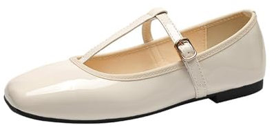 ANUFER Women's Flat Mary Jane Shoes Buckle T-Strap Ballet Pumps SD5A1208 Beige UK7.5
