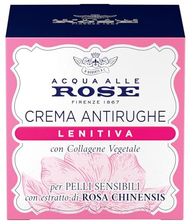 Acqua alle Rose, Crema Viso Antirughe Lenitiva con Collagene Vegetale di Rosa Chinensis, Adatta a Pelli Sensibili o Secche, Forte contro le Rughe e Delicata sulla Pelle, 50 ml