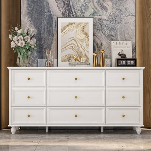 PREMTURE Kommode mit 9 Schubladen, Kommodeschrank,Schubladenkommode，Sideboard, Wohnzimmerschrank für Wohnzimmer, Flur，Diele MDF, 160 x 40 x 80 cm, Verdickte MDF-Platte，Weiß