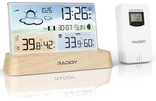 Raddy DT6 Wetterstation Indoor Outdoor, DCF Funkuhr, Digitales Farbdisplay Indoor und Outdoor Thermometer Hygrometer, Heim-Wetterstation mit Wettervorhersage und Barometer