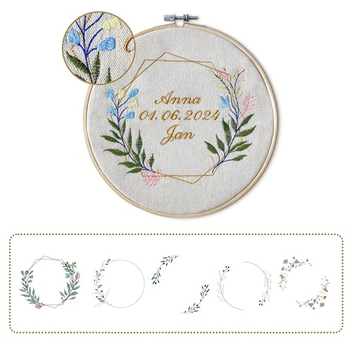 Stickrahmen mit Namen und Datum bestickt - Personalisiertes Geschenk zur Hochzeit oder Verlobung (Weiß)