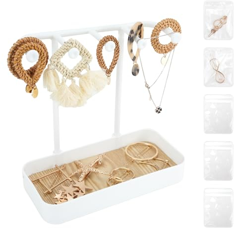 Jewellery Stand with 5 jewelry bags, Multifunctional Necklace Stand with 5 Hooks, Earring Holder Jewellery Organiser Stand with Tray for Bracelet, Watch, Rings, Gifts for Girl Women (White)