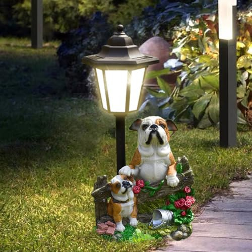 Demiawaking Solar Gartenfiguren Gartenstatuen LED, Harz, Garten Statue Solarlampen für außen, Gartendeko Beleuchtung, Deko Lampe Solarleuchten für Garten, Hof (Hunde 02)