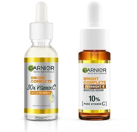 Garnier Bright Complete Vitamin C Serum 15ml + Overnight Serum 15ml | Pack of 2 | For Bright, Even Skin Tone