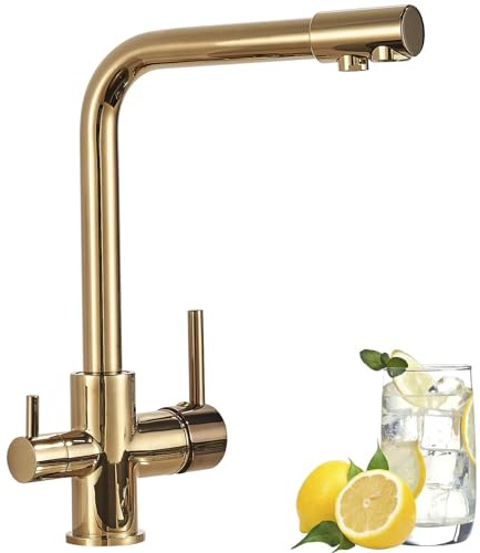 LLFFSSDG 3 Wege Wasserhahn Armatur Küche in Gebürstetem Gold Mischbatterie Küche 3-in-1 Trinkwasserhahn mit Filter 360° Drehbarer Auslauf Doppelhebel Design Hochwertige Messing Konstruktion