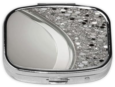 Pillendose mit glitzerndem Glitzer-Design, klein, quadratisch, für Geldbeutel und Taschen, silberfarben