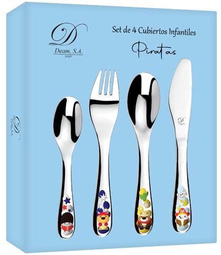 Estuche de 4 Cubiertos Infantiles con diseño de Piratas. Disponible Grabado Personalizado.(09706)