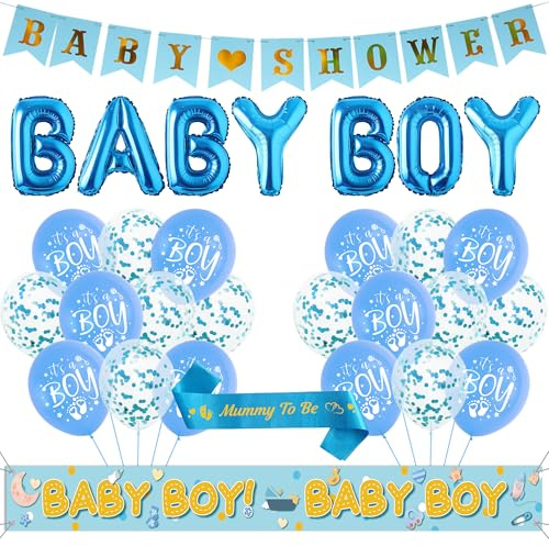 Sroeeshee Baby Shower Decorations Boys - Pink Banners Baby Boy Foil and Confetti Balloons, Long Banner and Mummy to Be Sash for Newborn Gender Reveal Party Supplies