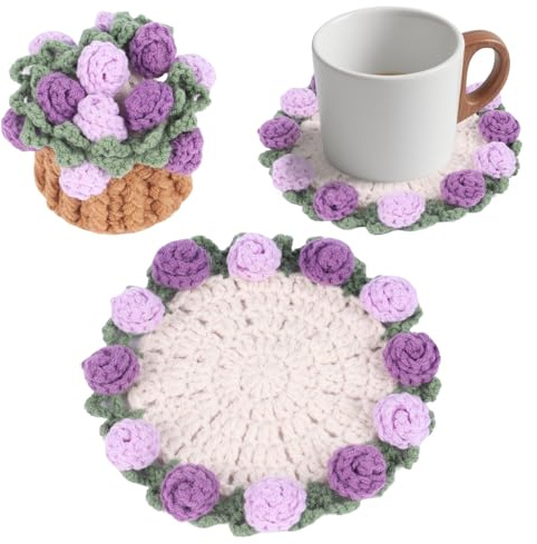 Fnaobai Handmade Crochet Coaster Set with Mini Basket -Boho Floral Coasters for Coffee Table, Wedding Gift, Housewarming, Birthday Vintage Rose Design (Purple)