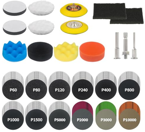 PopuLike 135Pcs Car Polishing Kit, 75mm Wet and Dry Sandpaper 60#-10000# with Suction Pads, Wool Pads, Sponge Pads, Extension Rods and 800# Emery Cloth, Alloy Wheel Repair Kit for Wood Metal Auto