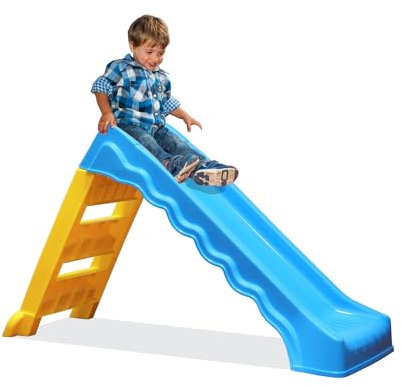 Scivolo per Bambini da Giardino, 3 Gradini, Struttura in Plastica Blu e Gialla, Pieghevole