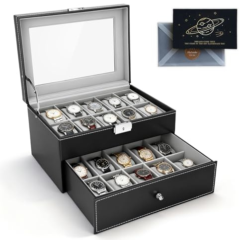 ZUSUZU BoÎte À Montres 20 Compartiments,Coffret à Montres avec couvercle en verre,Rangement pour Montres en Cuir, Écrin À 2 Niveaux,avec Coussinets Amovibles,Idées cadeaux