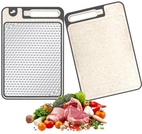 2-in-1 Tagliere Bifacciale 37 x 25 cm, Multifunzione Tagliere da Cucina Acciaio Inox 304 Antiscivolo con Raccoglisucchi e Affilacoltelli Integrato, per Carne, Verdura, Frutta