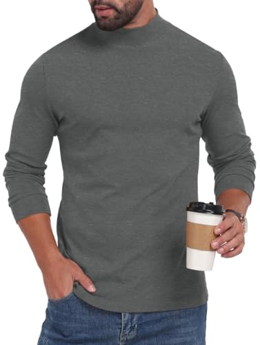 PrinStory Långärmad T-shirt för män, tröja med rund hals, polotröja, lätt stickad tröja, Mörkgrå, L