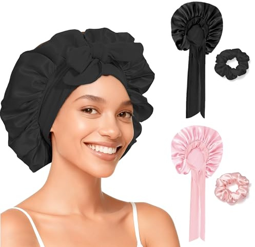 Générique Bonnet Satin Cheveux Nuit Lot de 2 avec Élastiques - Cagoule de Sommeil en Satin Réglable pour Cheveux Longs & Bouclés - Bonnet de Nuit Protection Nuit Anti-Frisottis et Hydratation