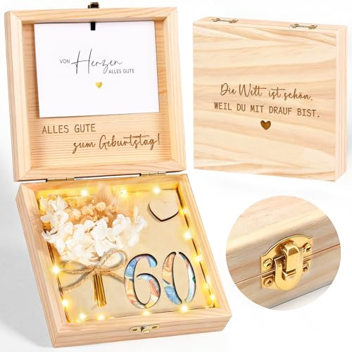Geldgeschenke Geburtstag 60 us Holz, 60 Geldgeschenk Verpackung Geschenkbox mit LED Lichterkette, Lustig Geschenk zum 60 Geburtstag Frau Mann, Geburtstagsgeschenk für Mutter, Vater, Lebenspartner