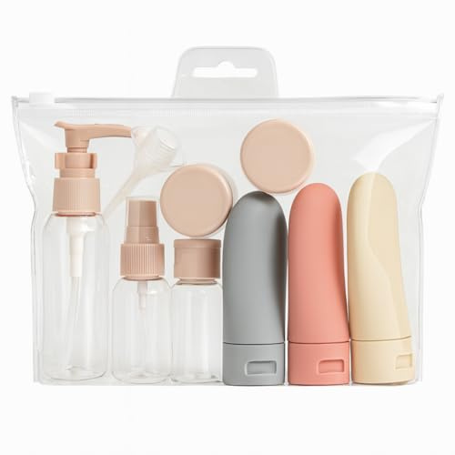 kit 8 piezas, Botes para gel y champu con neceser, botes viaje rellenables 100ml, neceser viaje avion y botes champu viaje de silicona prueba de fugas, Envases Viaje para Champú, Loción, Cosméticos
