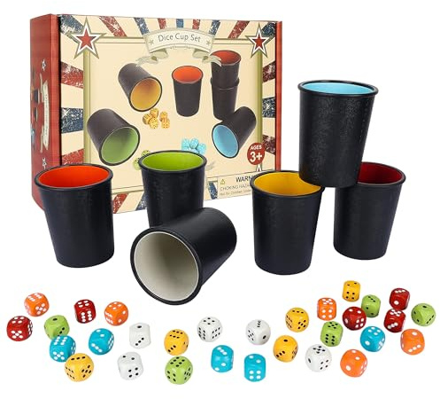 Offelec 6 Pack PU Leather Dice Cups Set with 30 Color Matched Dice, Felt Lined Quiet Shakers for Dice Games Like Bluffing Games, Perfect for Poker Nights & Bar Party Game