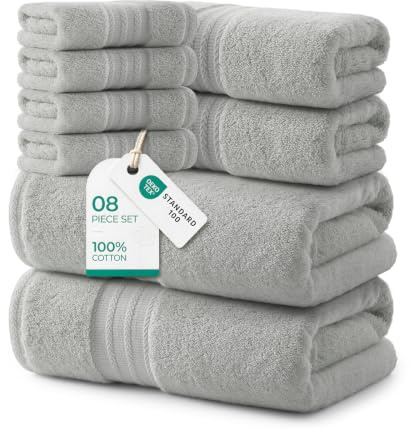 REDKISS 8 teilig Handtuch Set aus Baumwolle mit Aufhänger,weich & saugstark | OEKO-TEX zertifiziert, 540GSM, mit 2 Badetuch+2 Handtücher + 4 Waschlappen, ideal für Bad & Sauna-Grau