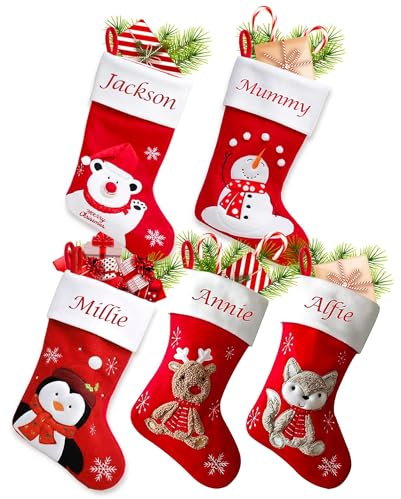 Hoolaroo Personalised Embroidered Christmas Stocking Red Kid's Fluff Reindeer Design Xmas Stockings Baby Kids Children 1st