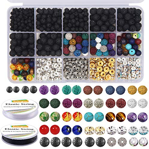 EuTengHao Lava-Perlenstein-Set mit 8 mm Chakra-Perlen und Abstandshaltern, elastisches Band für diffuse ätherische Öle, für Erwachsene, DIY-Schmuckherstellung, 602 Stück
