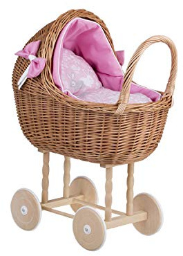 e-wicker24 Alles aus Weide Puppenwagen aus Weide mit Bettwäsche perfekte Geschenkidee Korbpuppenwagen schöner Spielzeug aus Korbgeflecht Korbwagen für Puppen Spielzeug für Mädchen (Natur, Pink)