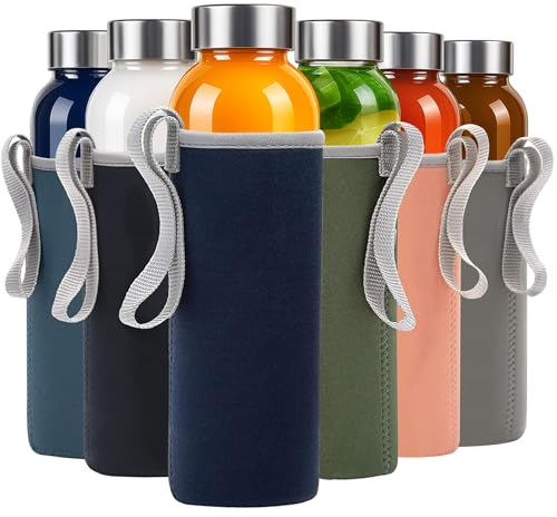 Epica glass bottles with lids – 18oz glass water bottles, reusable juice bottle with lids for storing juices, reusable water bottle durable & ecofriendly set of 6 with Sleeves