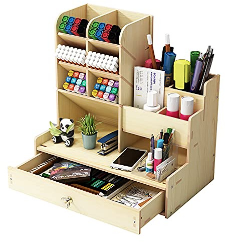 Hggzeg Organiseur de bureau en bois à faire soi-même - Grande capacité - Boîte de rangement avec tiroir pour la maison, le bureau et l'école (B17 érable blanc)