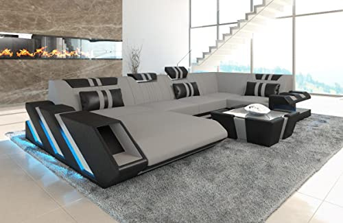 Sofa Wohnlandschaft Apollonia U Form Stoffsofa - mit LED Beleuchtung, verstellbare Kopfstützen, Recamiere/Mikrofaser/Ausrichtung wählbar (Ottomane Links, Hellgrau-Schwarz C76)