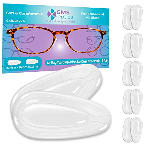 GMS Optical 3.2mm Extra-Thick / 15mm Medium-Length - Adhesive Air Bag Teardrop Anti-Slip Silicone Nose Pad Reduce Pressure and Prevent Slipping for Glasses, Eyeglasses, Sunglasses (5 Pair)(Clear)