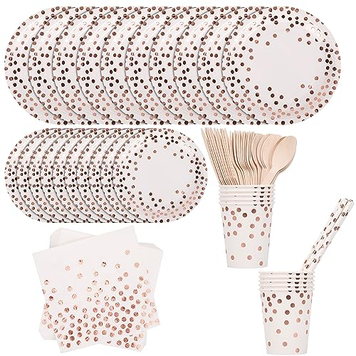 Disposable Party Tableware Set Rose Gold Polka Dot Disposal Dinnerware Set Party Plates Napkins Cups Straws Forks Spoons for Baby Shower Birthday Party Confetti Rose Gold Dot White, 80pcs