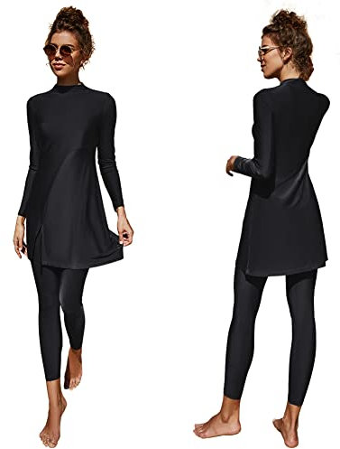 Burkini Damen Muslim Frauen Muslimische Badeanzug Full Cover Schwimmanzug Islamisch Arabisch Jilbab Langarm Schwimmoberteile Built in Bra+Schwimmhose 2tlg Ganzkörper Modest Bademode 7#Schwarz L