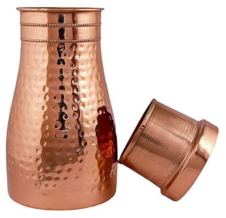 Hygge Pure Copper Bedside Carafes, Copper Jug- Pure Copper Water Pitcher for Gifting, Home, Sports & Yoga Flask with Tumbler - Ayurveda Health Benefits - Capacity 1 Liter (34 Oz)