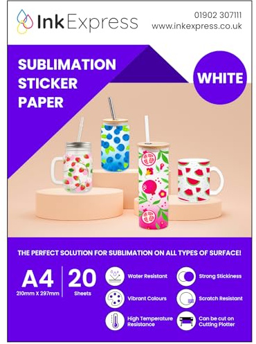Ink Express Carta adesiva per sublimazione, formato A4, 20 fogli, compatibile con stampanti a sublimazione Epson, Sawgrass – colori vivaci, lucido, bianco, resistente all'acqua