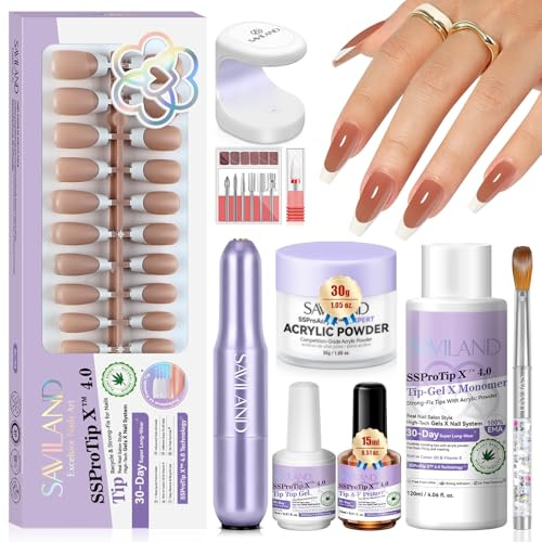 Saviland Akrylnagelkit med nagelspetsar: Långvariga nakengel nagelspetsar 160 delar heltäckande långa kistnaglar Press Ons Akrylpulver EMA Monomer Nail Primer Nagelborr UV-lampa