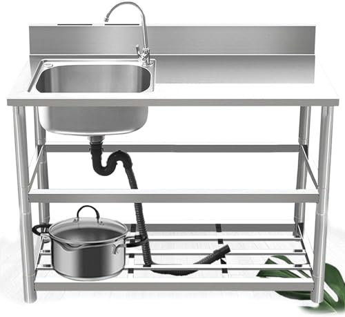 Edelstahl Spültisch Outdoor Spülbecken Freistehende Kitchen Sink Waschbecken Mobiles Küchenspüle Organizer Gastro Spüle 1 Becken Waschtisch mit Heiß-/kaltwasserhahn für Außen Küche Garten Camping (