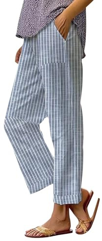 AMDOLE Leinenhose für Damen, Übergröße, Sommer-Lounge-Hose, elastische Taille, gerades Bein, lockere, lässige Palazzo-Hose, Boho-Strandhose mit Taschen, Navy #3, 52