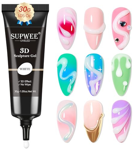 SUPWEE 3D gelnagelkonst, 30 g vit, 3D-skulptur, gel, multifunktionell, strass, lim för nagelkonst, nagelmålning, gör-det-själv-snidad, 5D-präglad godis, nageldekoration, manikyr