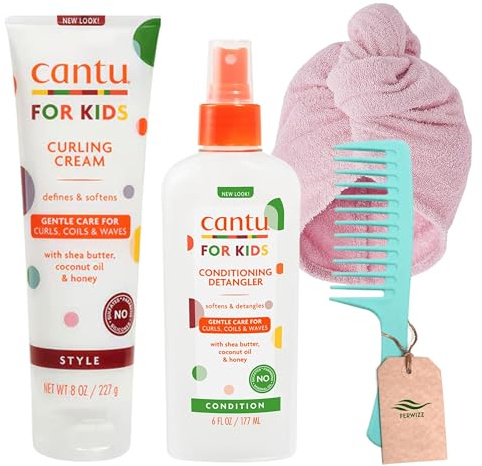 Kids Detangler and Curling Cream Bundle with Cantu Curling Cream 227g and Cantu Care for Kids Conditioning Detangler Spray 177ml and Ferwizz Hair Wrap and Comb