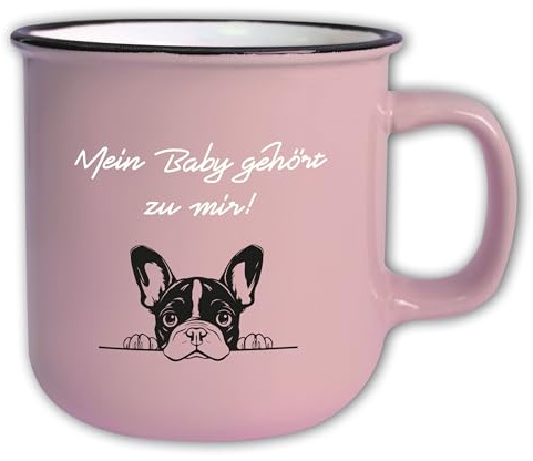 Jumbo Tasse Vintage mit Spruch T152 „Mein Baby gehört zu mir″ Motiv Hund französische Bulldogge Rosa Geschenk Retro Keramik 350 ml