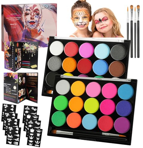 URAQT ansiktsmålarsats, 15 färger ansikte & 15 färger neon ultraviolett målning med 2 borstar 80 schabloner, tvättbar säker kroppsmålning för vuxna barn Halloween fest karneval