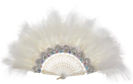 Hrlace Hand Fan Women's Fan Feather Dance Fan Feather Fan Folding Fan Vintage Style Folding Handheld Feather Fan Retro Feather Hand Fan for Costume Dancing Show Wedding Carnival Party White