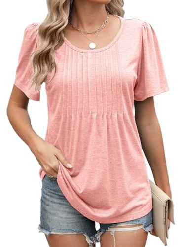 Famulily Womens Summer Comfy Tops Casual Front Pleated Crew Neck Tee Shirts Loose Blouse for Ladies (M, Pink)