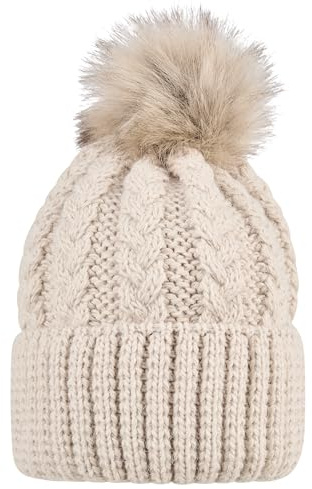 Sterntaler Strickmütze mit Umschlag, Zopfmuster und Kunstpelz-Pompon – Mädchen – warme Mütze für Baby und Kinder, graubeige, Größe 55