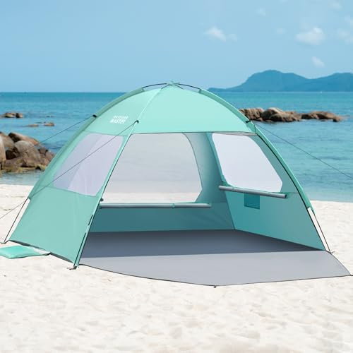 OutdoorMaster Strandzelt für 3/4 Personen – einfach aufzubauender Sonnenschutz, tragbares Strandschatten-Sonnendach mit UPF 50+ UV-Schutz, abnehmbares Dachlicht, Familiengröße – 4 Personen, Grün
