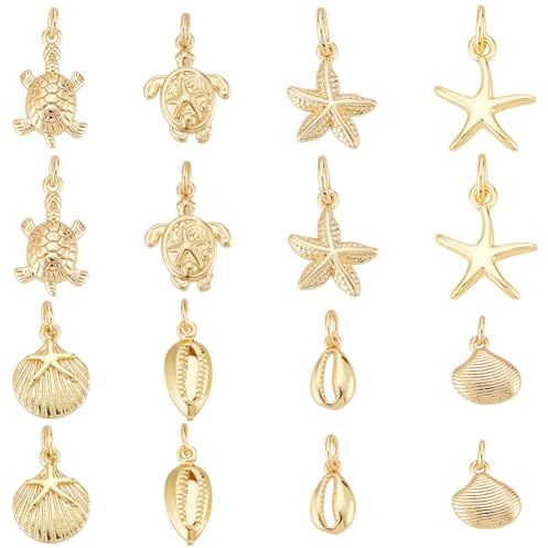 UNICRAFTALE 16 Stück 8 Stile 18 Karat Vergoldete Muschel Seestern Schildkröten Anhänger Meereslebewesen Meerestier Schildkröten Anhänger Sommer Ozeananhänger Dekor Für DIY Armbändern Halsketten