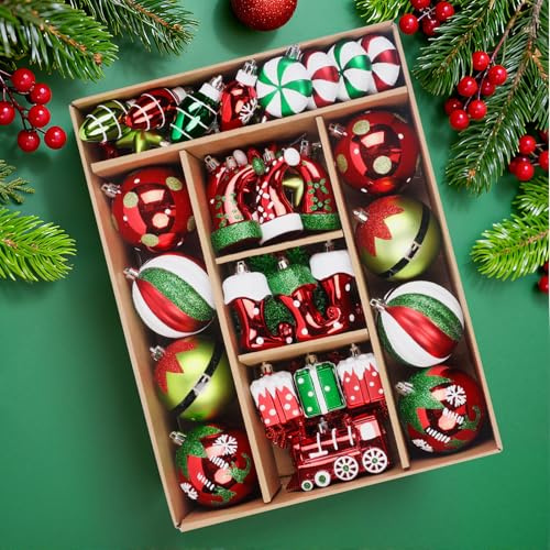 SHareconn 75pcs Classic Christmas Balls Ornaments Set, Elf Boots Theme Shatterproof Plastic Decorative Hanging Baubles Bulk for Xmas Tree Decor/Holiday/Party/Wedding, Red Green & White